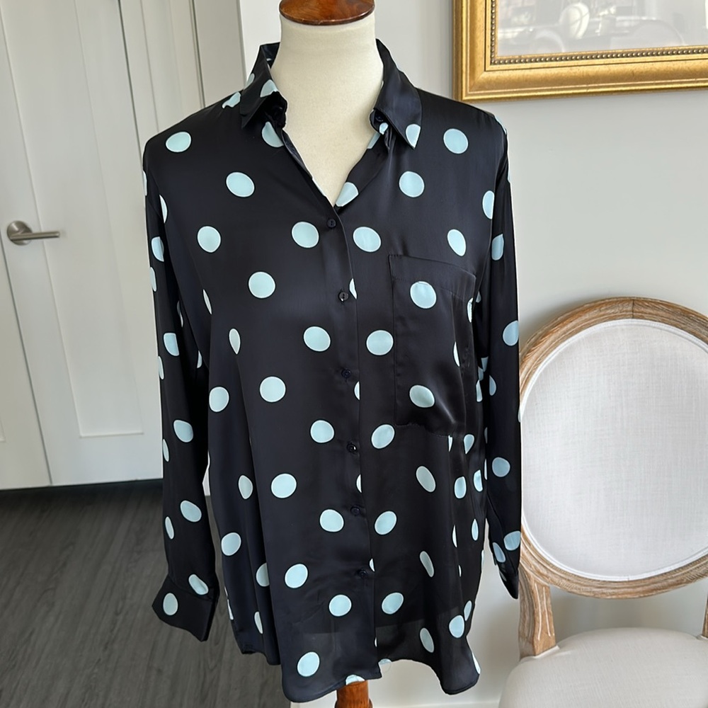 Zara Polka Dot Blue Satin Button Down Top M